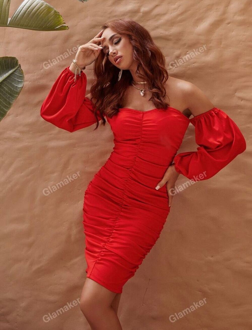 Glammaker Red Ruched Off-the-Shoulder Dress Size Medium